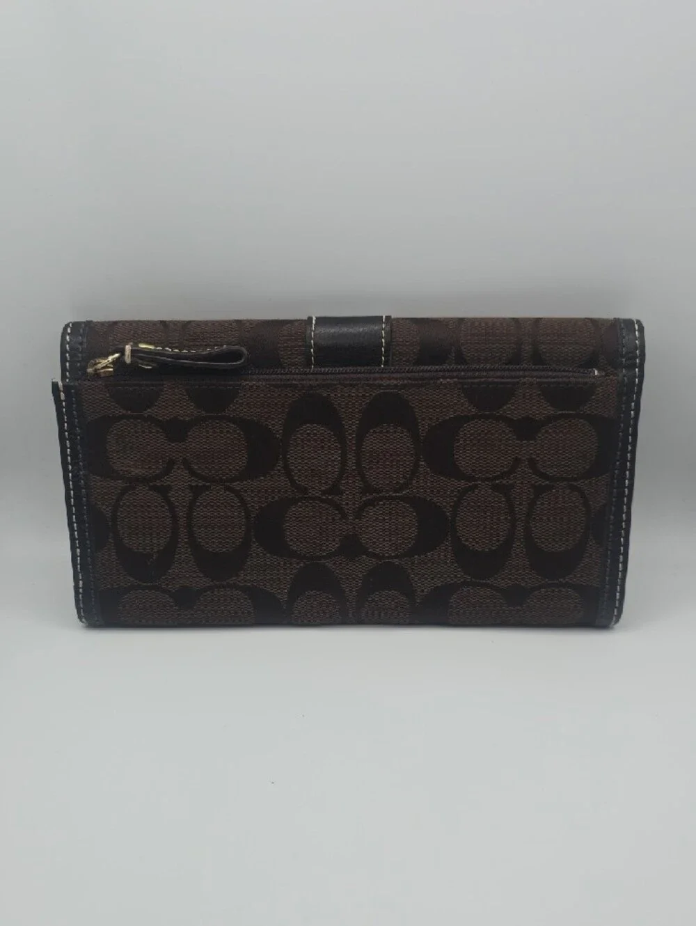 Coach Dark Brown Signature Mono Stitched Black Trim Long Snap Wallet (EUC)🖤